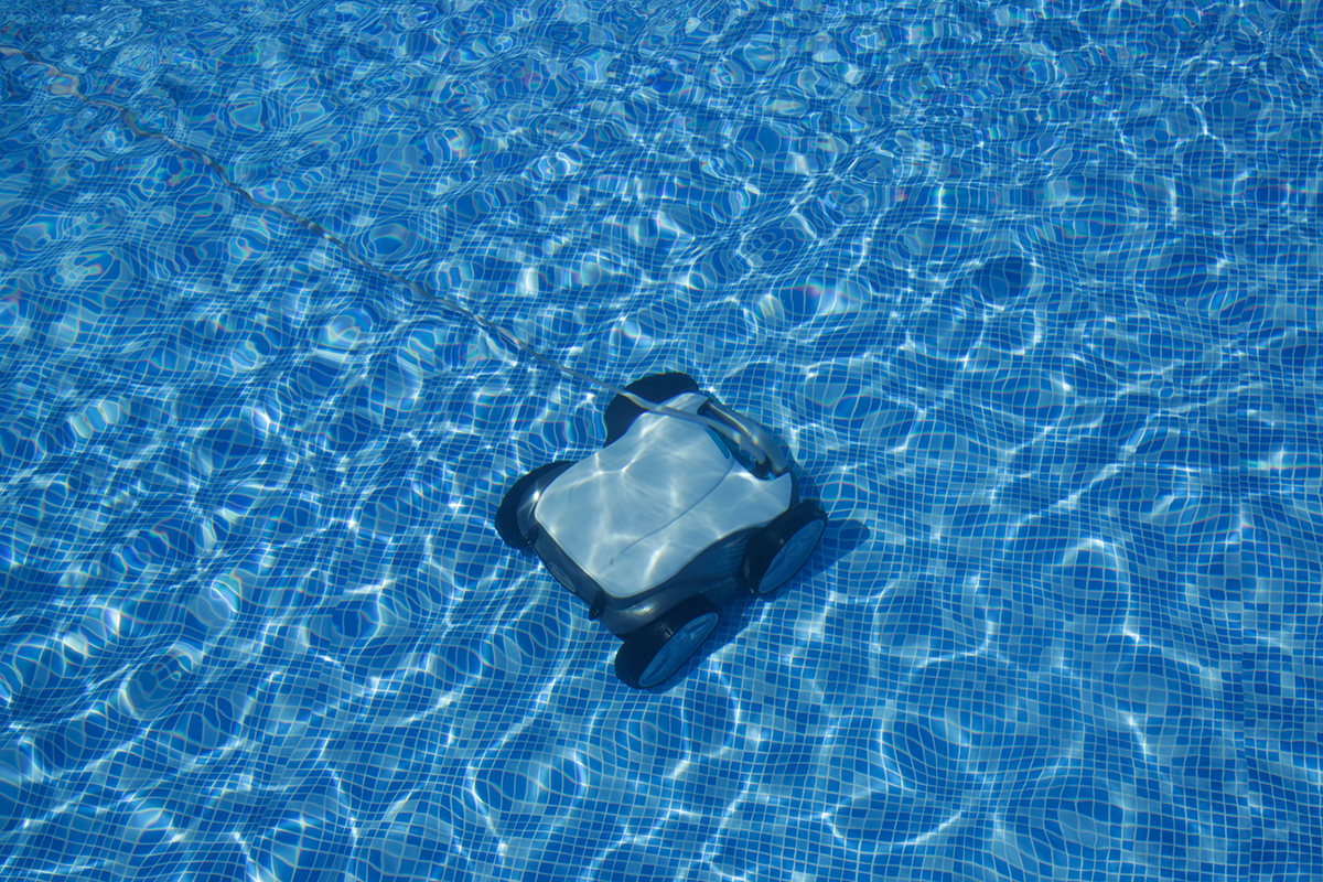 robotic pool cleaner submerged in water