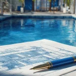 Pool planning outline with pen next to a pool