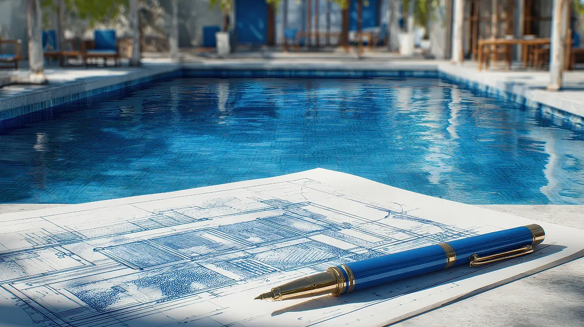 Pool planning outline with pen next to a pool